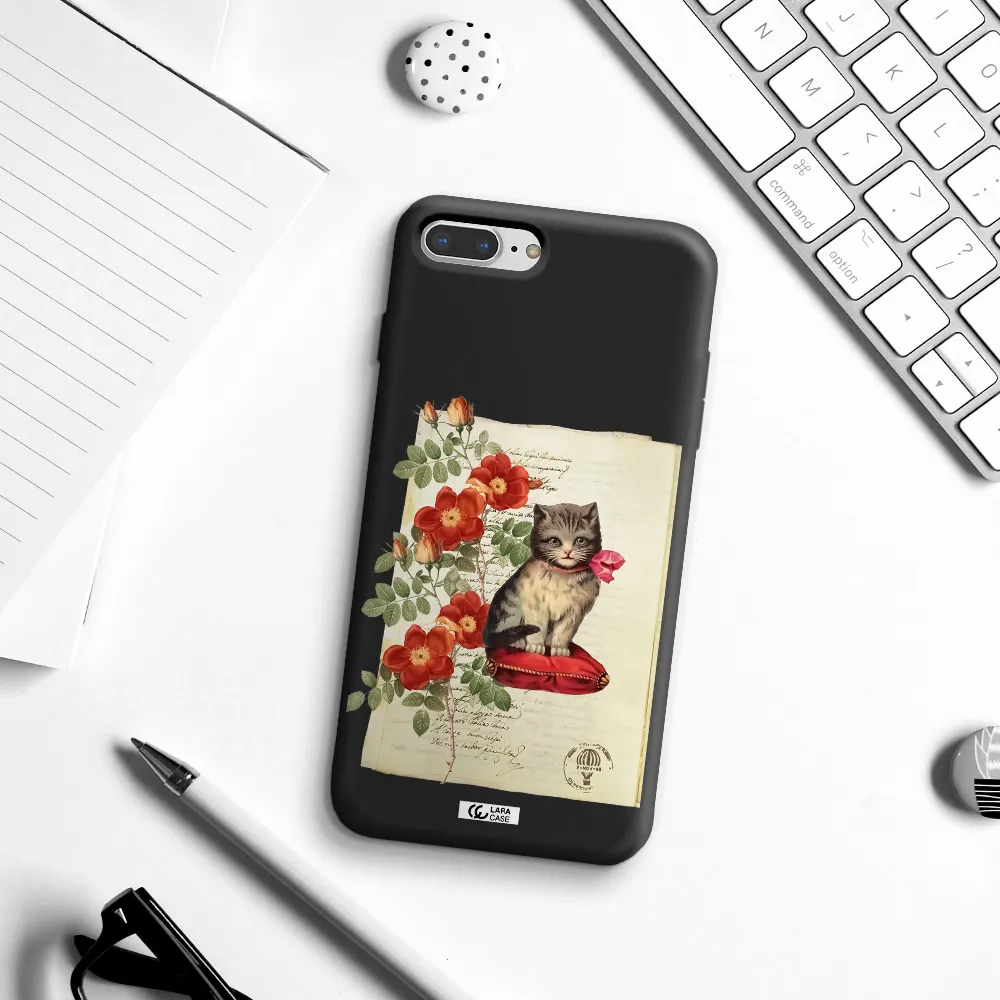 a cat on a pillow with flowers Apple iPhone 7 plus Silicone black Case