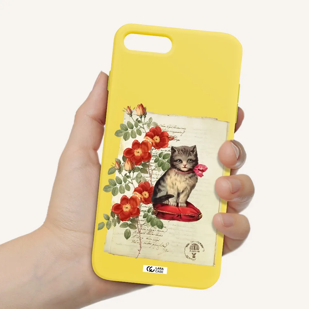 a cat on a pillow with flowers Apple iPhone 7 plus Silicone canary yellow Case