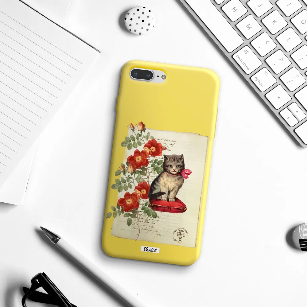 a cat on a pillow with flowers Apple iPhone 7 plus Silicone canary yellow Case