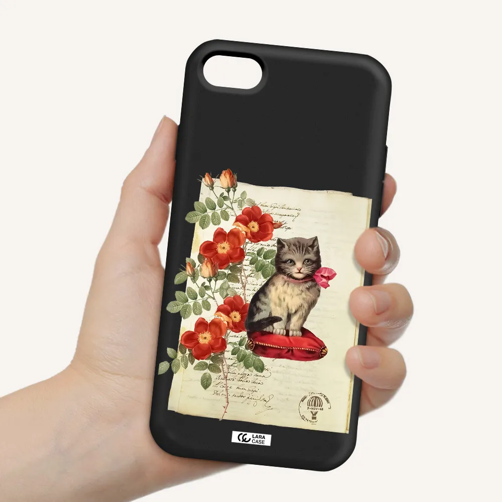 a cat on a pillow with flowers Apple iPhone 7 Silicone black Case