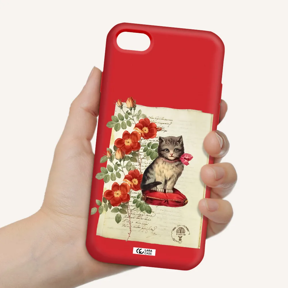 a cat on a pillow with flowers Apple iPhone 7 Silicone Imperial Red Case