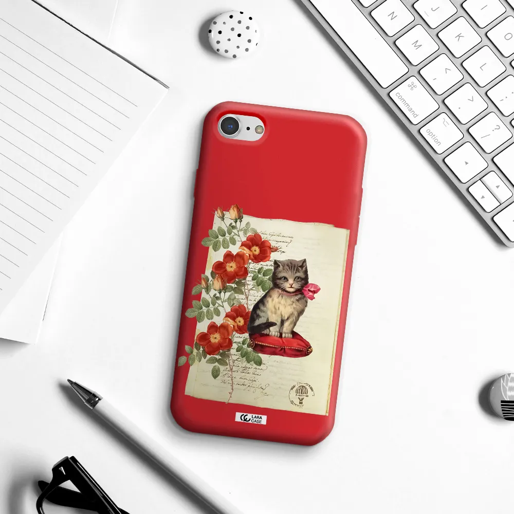 a cat on a pillow with flowers Apple iPhone 7 Silicone Imperial Red Case
