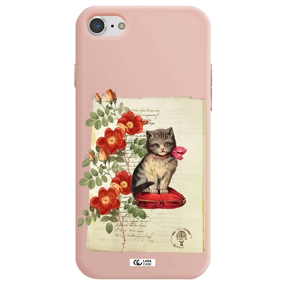 a cat on a pillow with flowers Apple iPhone 7 Silicone pastel pink Case