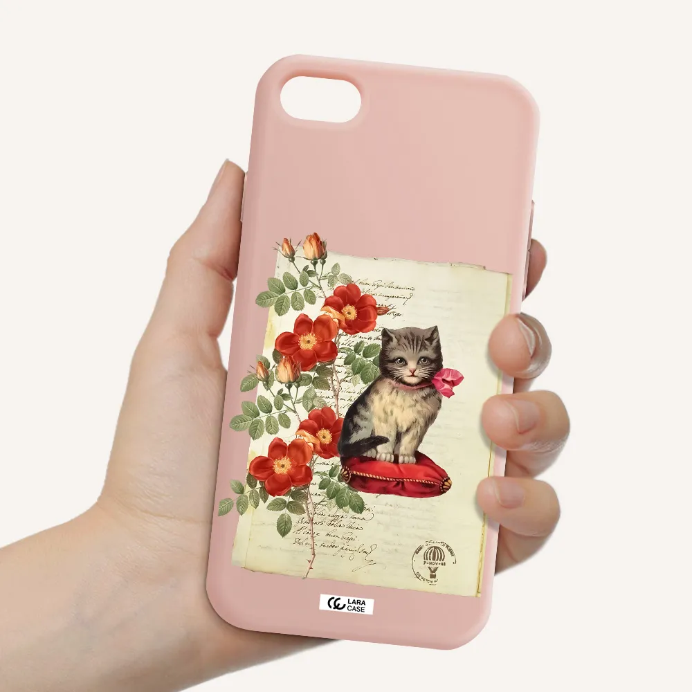 a cat on a pillow with flowers Apple iPhone 7 Silicone pastel pink Case