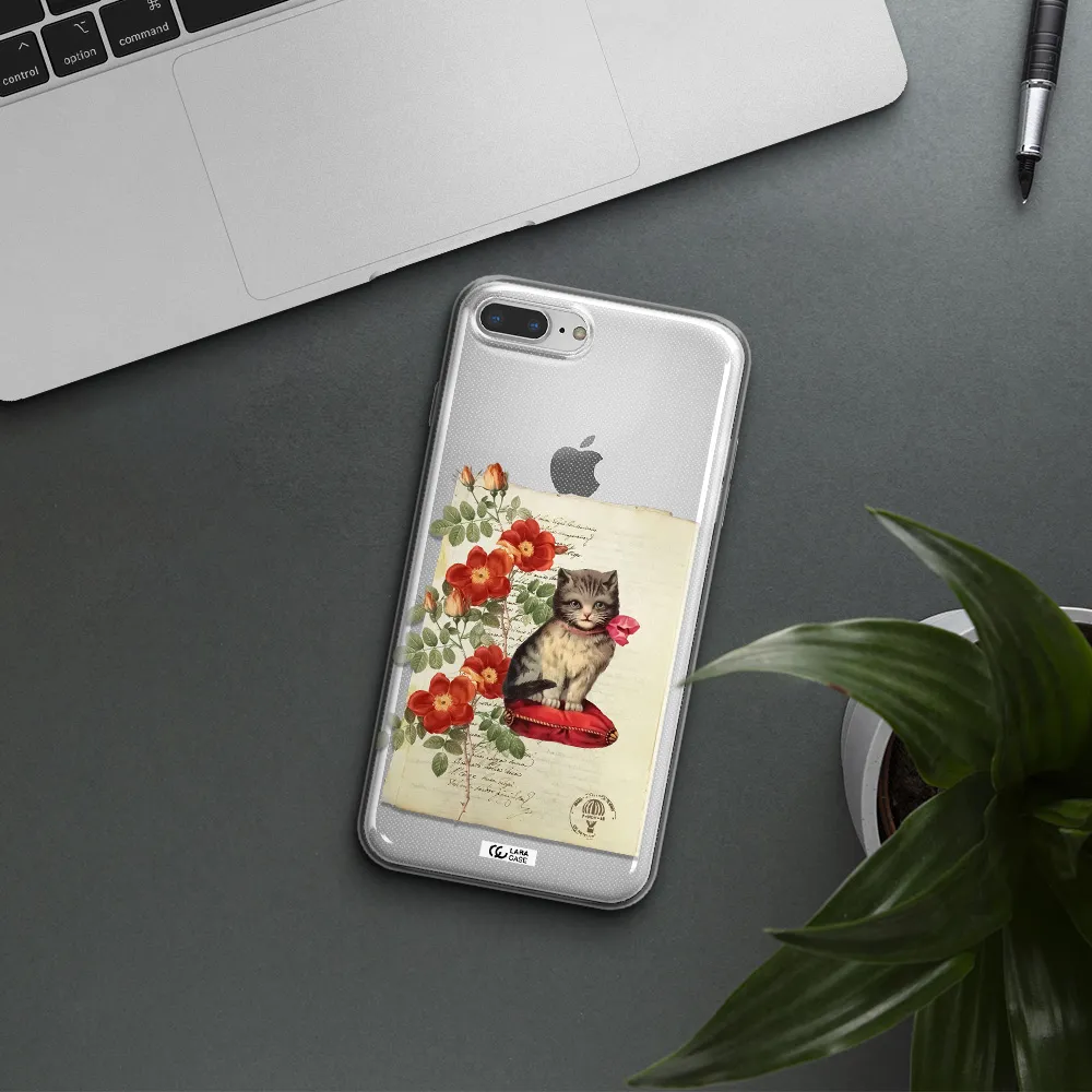 a cat on a pillow with flowers Apple iPhone 8 plus Clear TPU Case