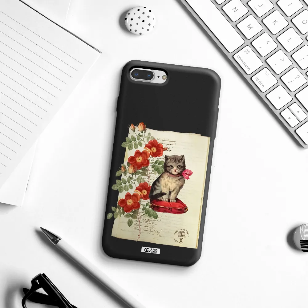 a cat on a pillow with flowers Apple iPhone 8 plus Silicone black Case
