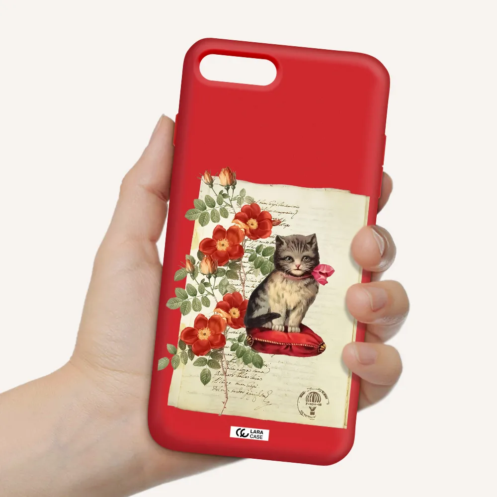 a cat on a pillow with flowers Apple iPhone 8 plus Silicone Imperial Red Case