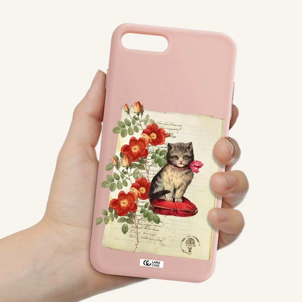 a cat on a pillow with flowers Apple iPhone 8 plus Silicone pastel pink Case