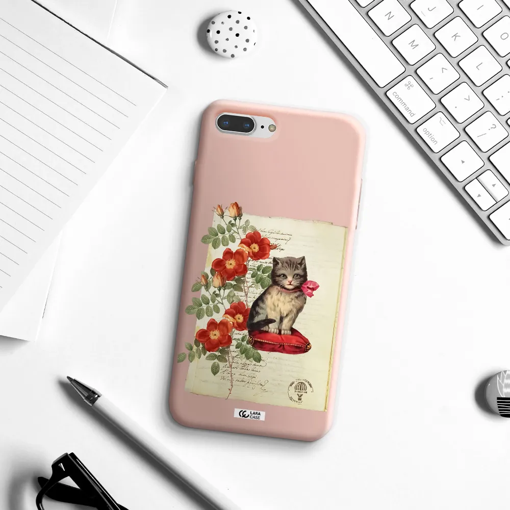 a cat on a pillow with flowers Apple iPhone 8 plus Silicone pastel pink Case