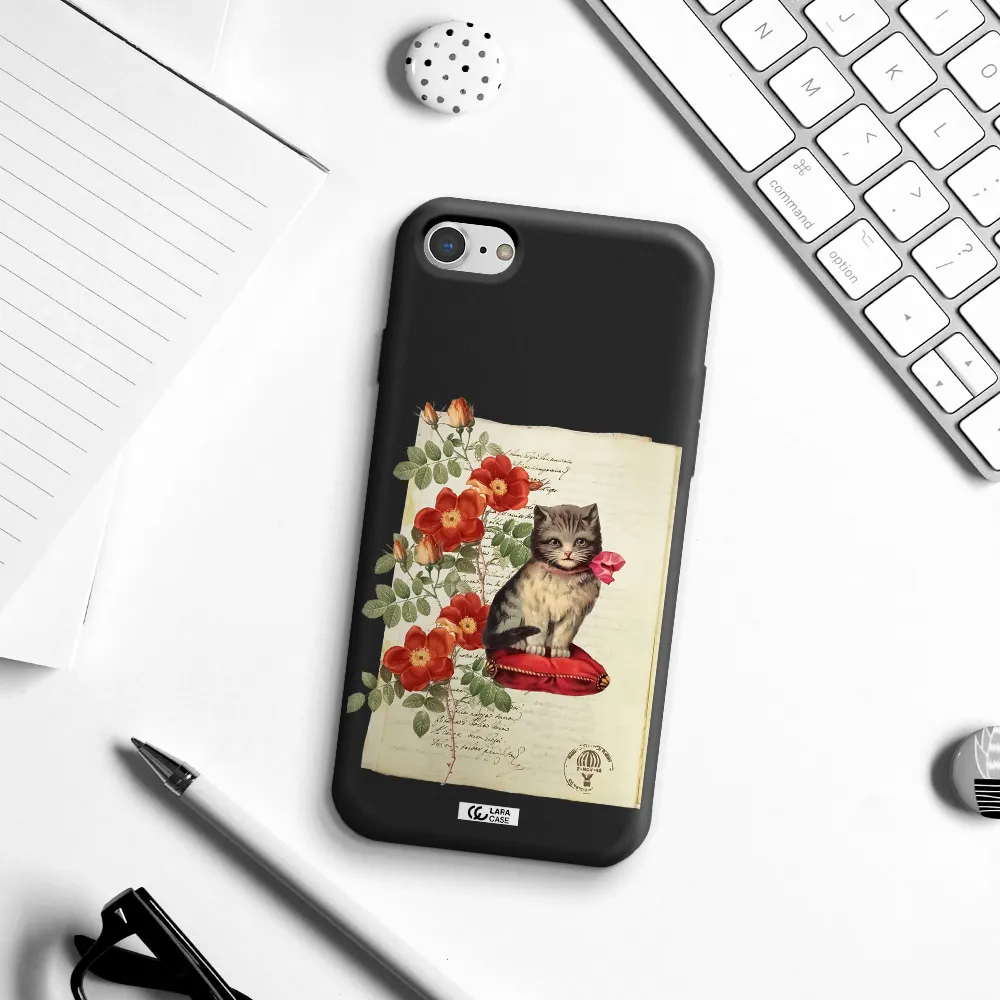 a cat on a pillow with flowers Apple iPhone 8 Silicone black Case