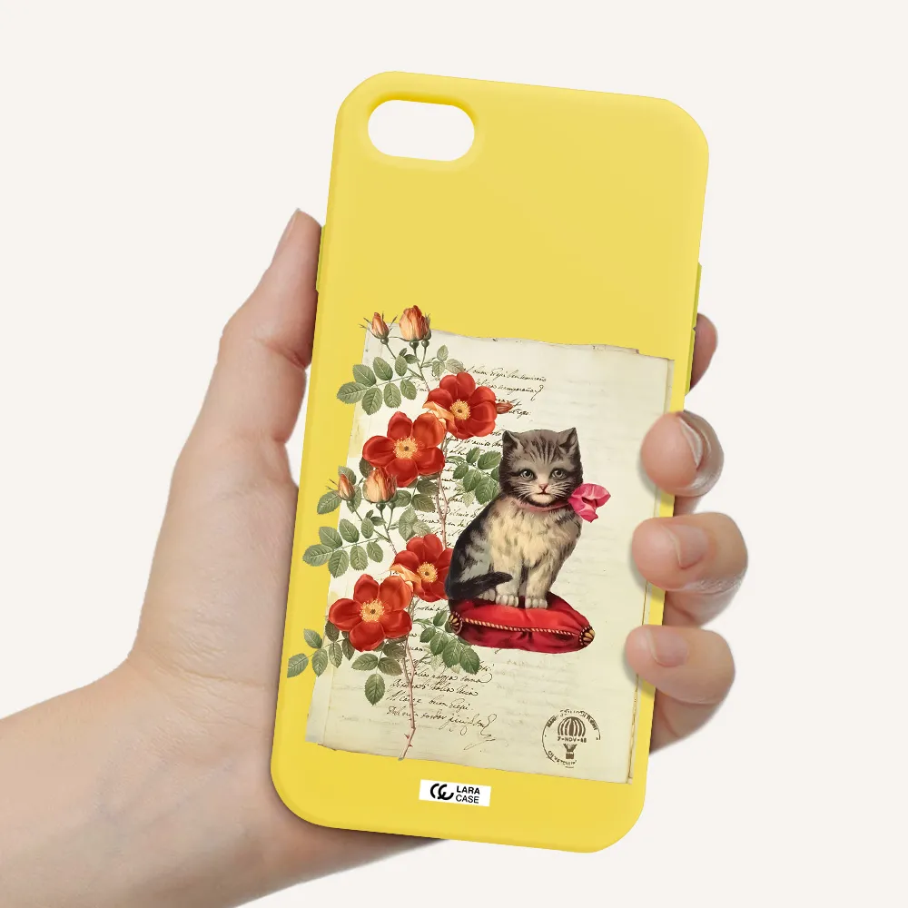 a cat on a pillow with flowers Apple iPhone 8 Silicone canary yellow Case