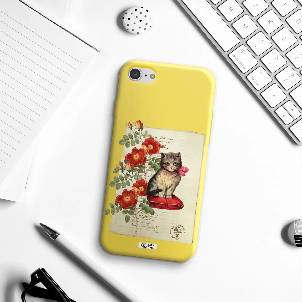 a cat on a pillow with flowers Apple iPhone 8 Silicone canary yellow Case