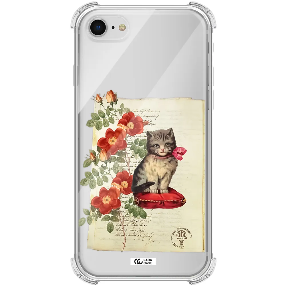 a cat on a pillow with flowers Apple iPhone se 2020 Clear PC Case