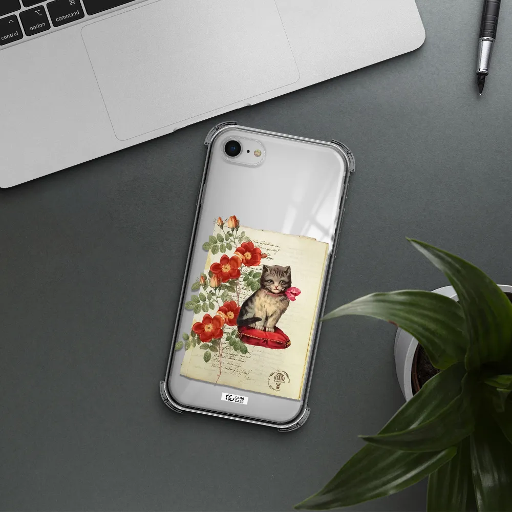 a cat on a pillow with flowers Apple iPhone se 2020 Clear PC Case