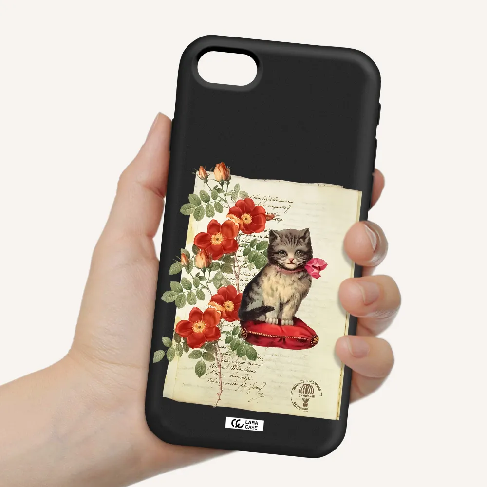 a cat on a pillow with flowers Apple iPhone se 2020 Silicone black Case