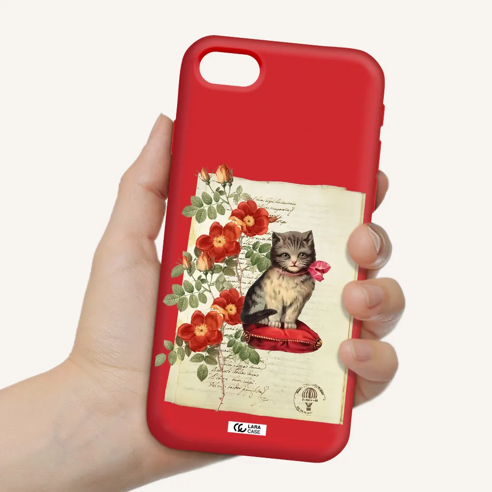 a cat on a pillow with flowers Apple iPhone se 2020 Silicone Imperial Red Case