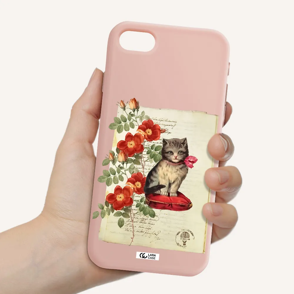 a cat on a pillow with flowers Apple iPhone se 2020 Silicone pastel pink Case