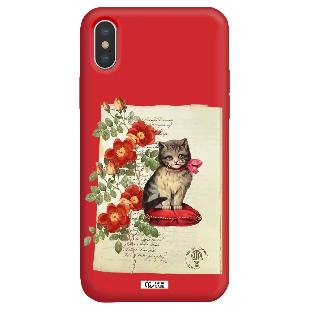 a cat on a pillow with flowers Apple iPhone X Silicone Imperial Red Case