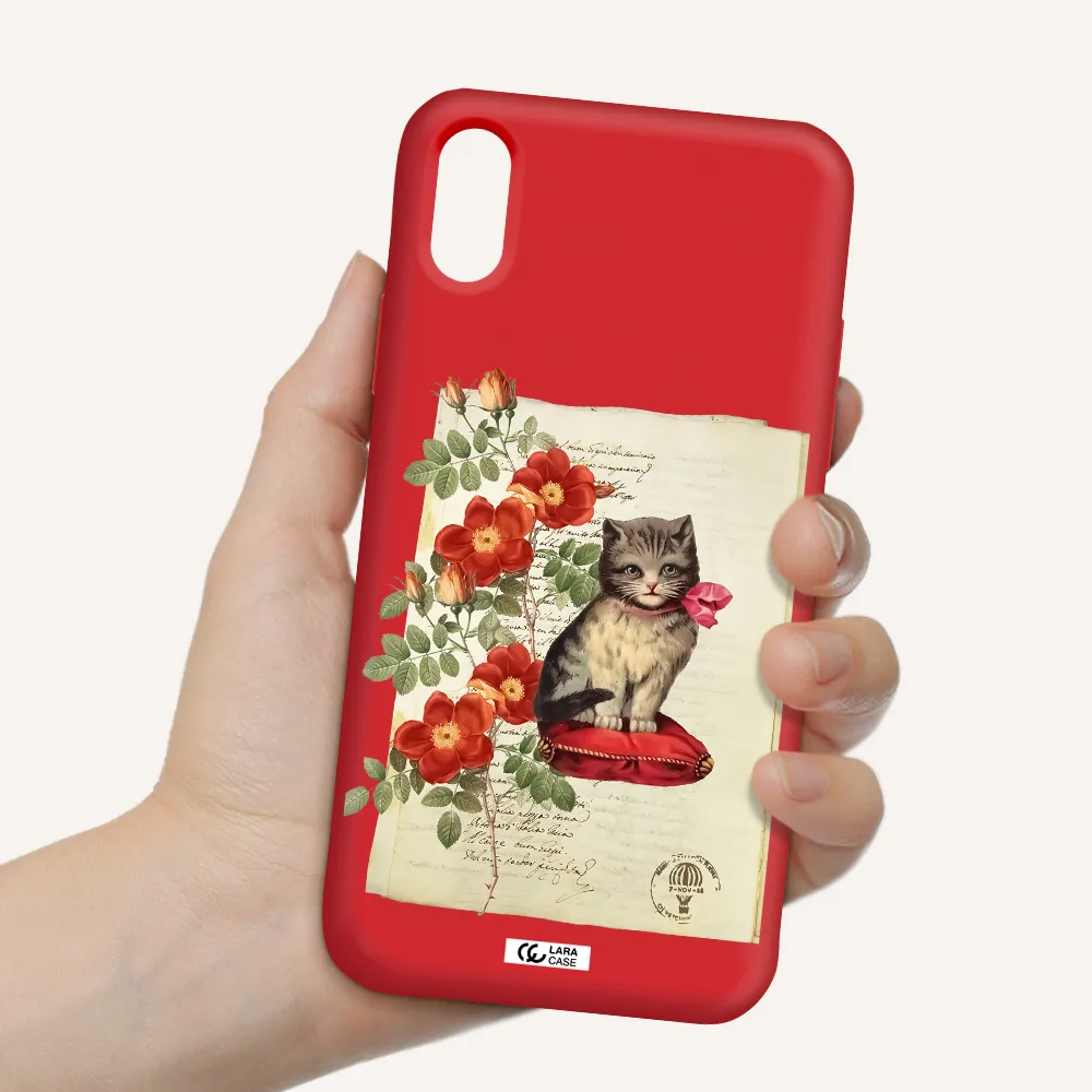 a cat on a pillow with flowers Apple iPhone X Silicone Imperial Red Case