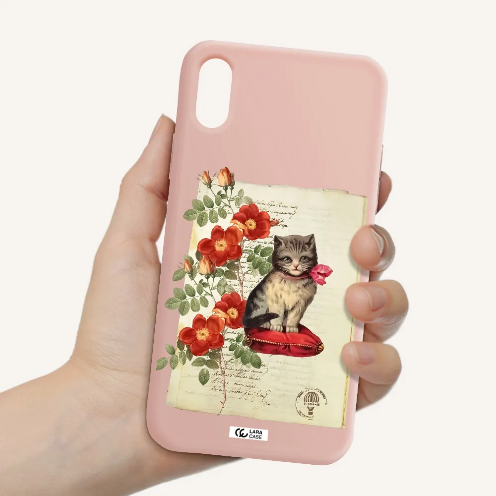 a cat on a pillow with flowers Apple iPhone X Silicone pastel pink Case