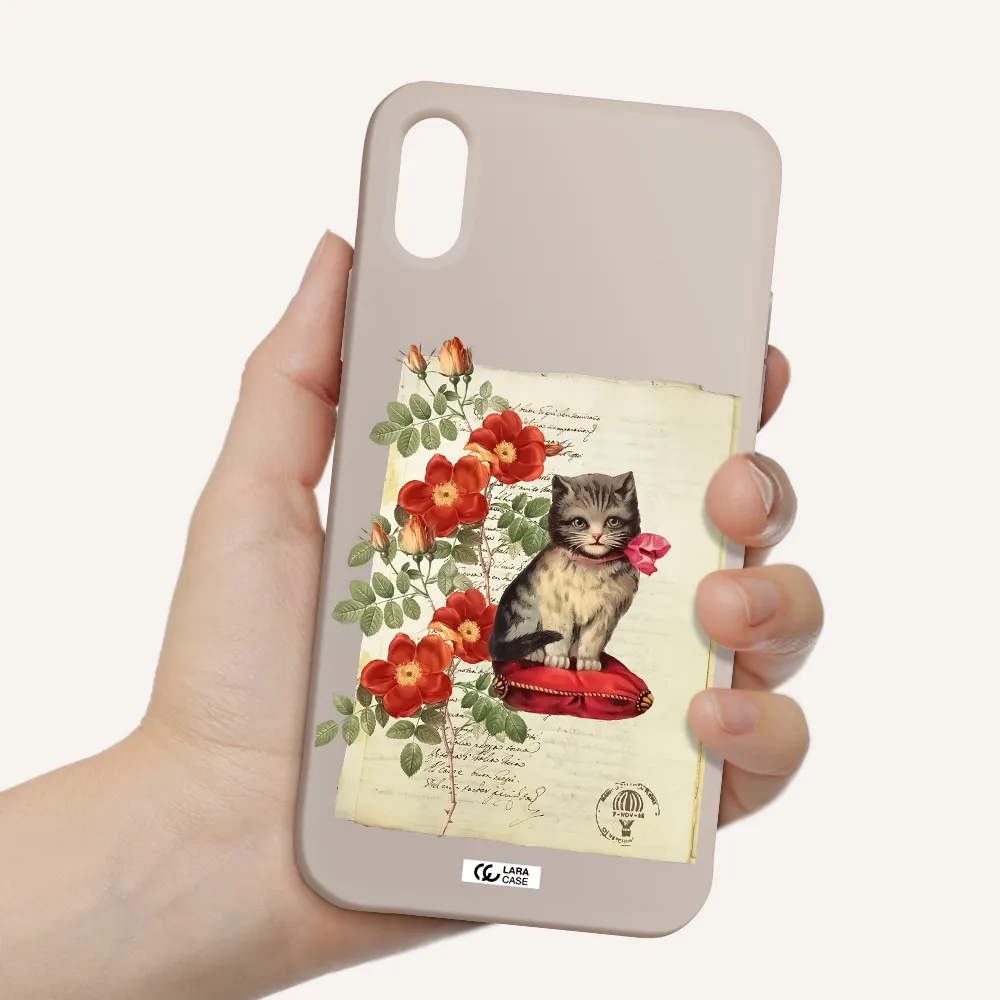 a cat on a pillow with flowers Apple iPhone X Silicone Stone Case