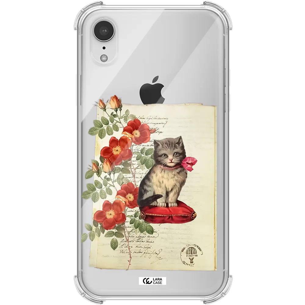 a cat on a pillow with flowers Apple iPhone XR Clear PC Case