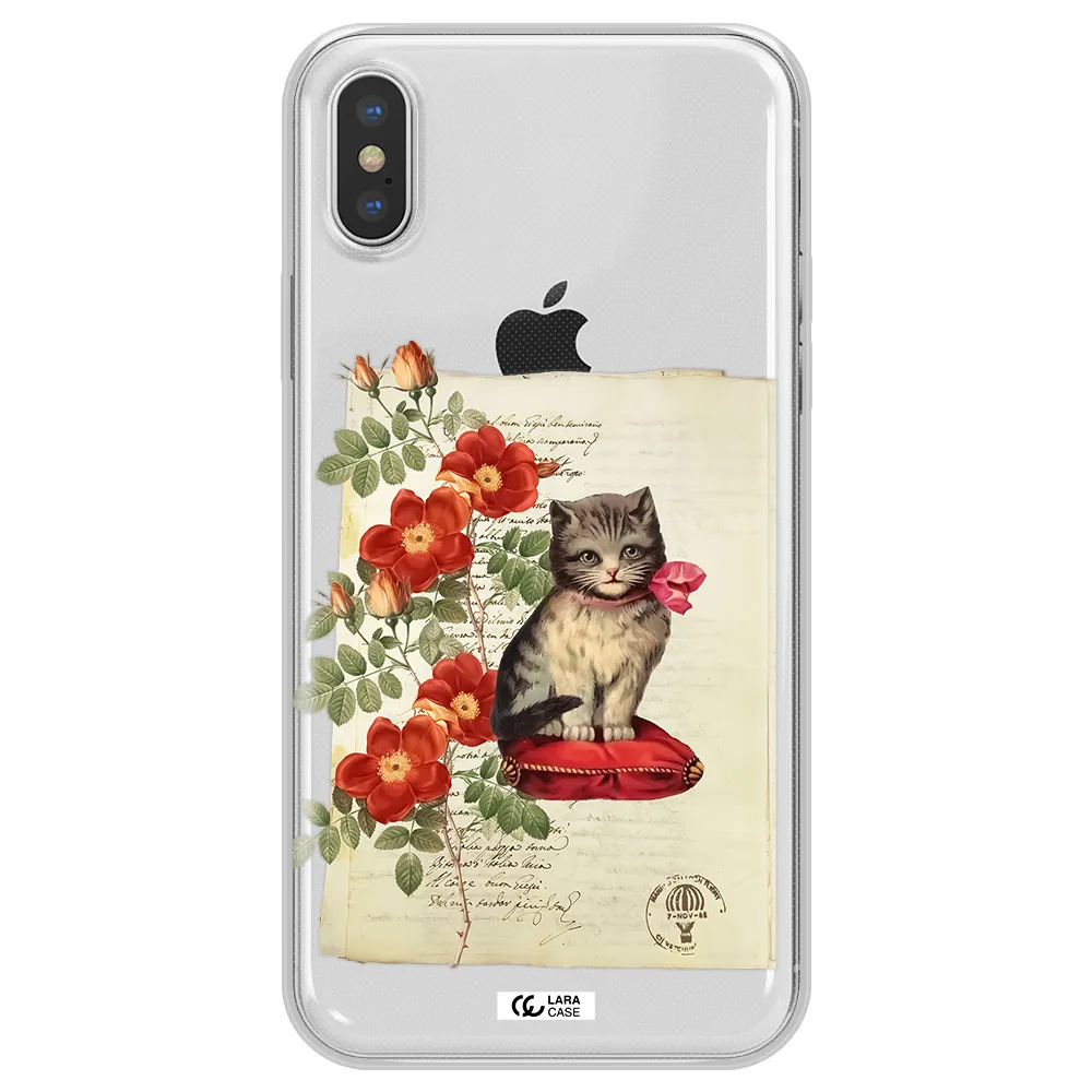 a cat on a pillow with flowers Apple iPhone XS Clear TPU Case
