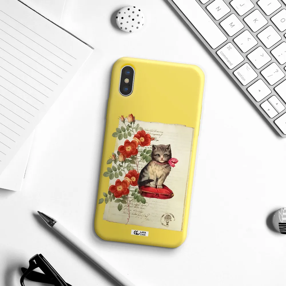 a cat on a pillow with flowers Apple iPhone XS Silicone canary yellow Case