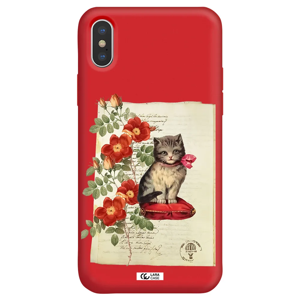a cat on a pillow with flowers Apple iPhone XS Silicone Imperial Red Case