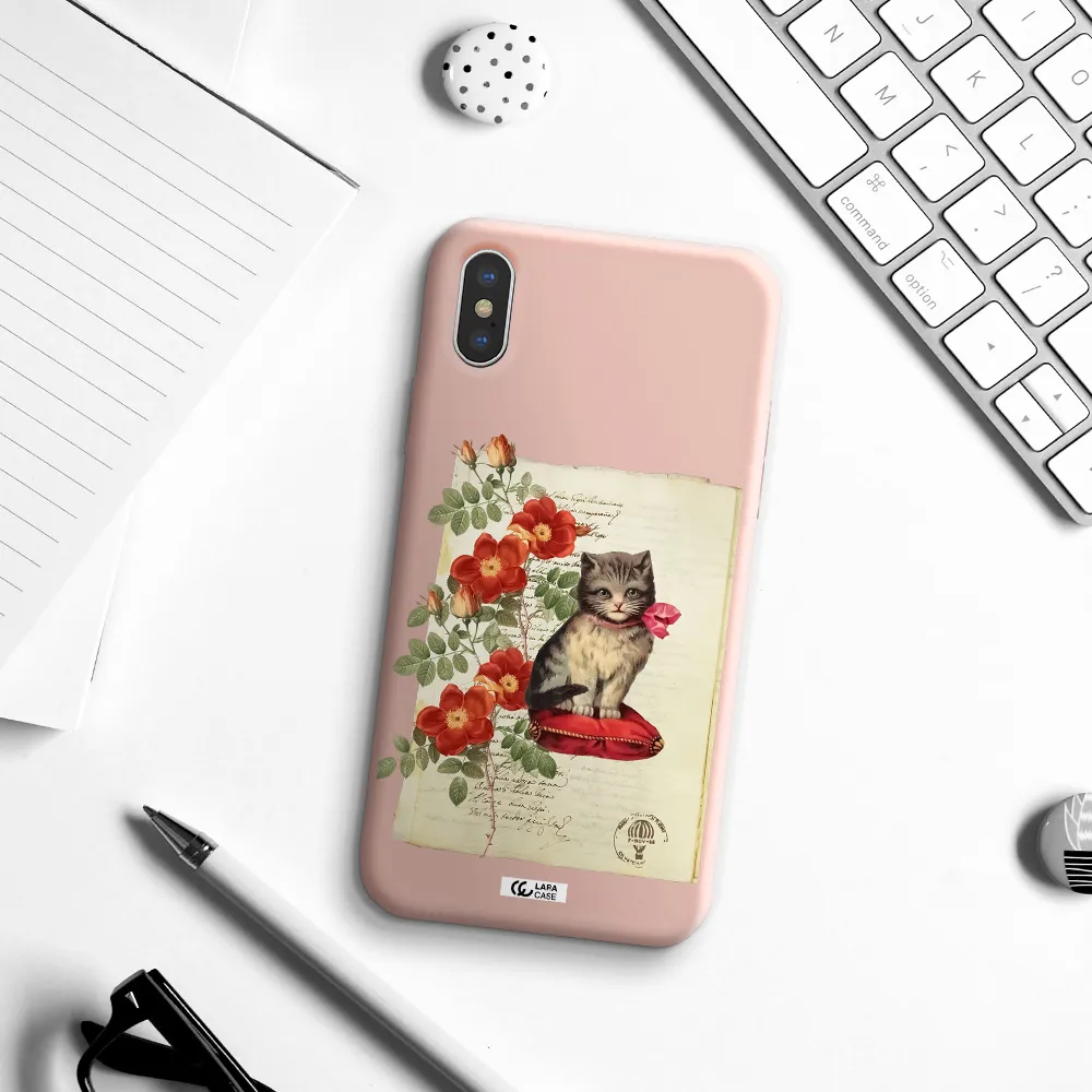 a cat on a pillow with flowers Apple iPhone XS Silicone pastel pink Case