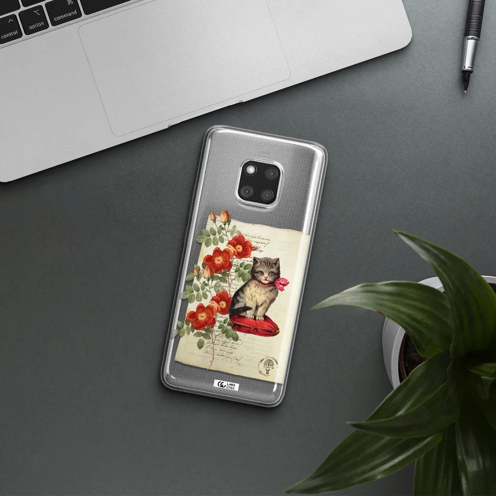 a cat on a pillow with flowers Huawei Mate 20 Pro Clear TPU Case