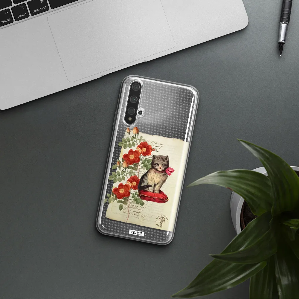 a cat on a pillow with flowers Huawei Nova 5t Clear TPU Case