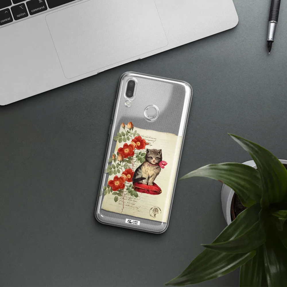 a cat on a pillow with flowers Huawei P Smart 2019 Clear TPU Case