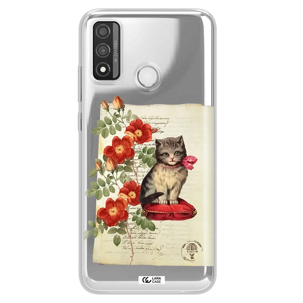 a cat on a pillow with flowers Huawei P Smart 2020 Clear TPU Case