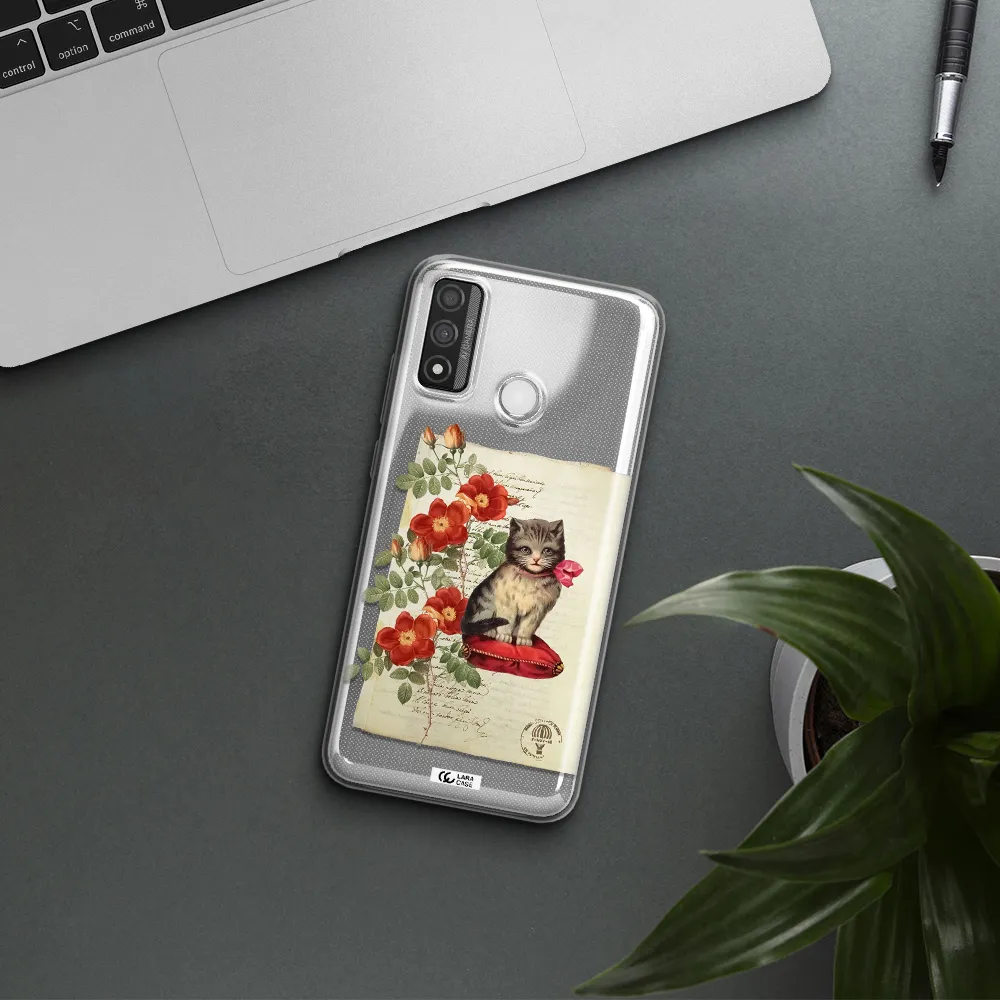 a cat on a pillow with flowers Huawei P Smart 2020 Clear TPU Case