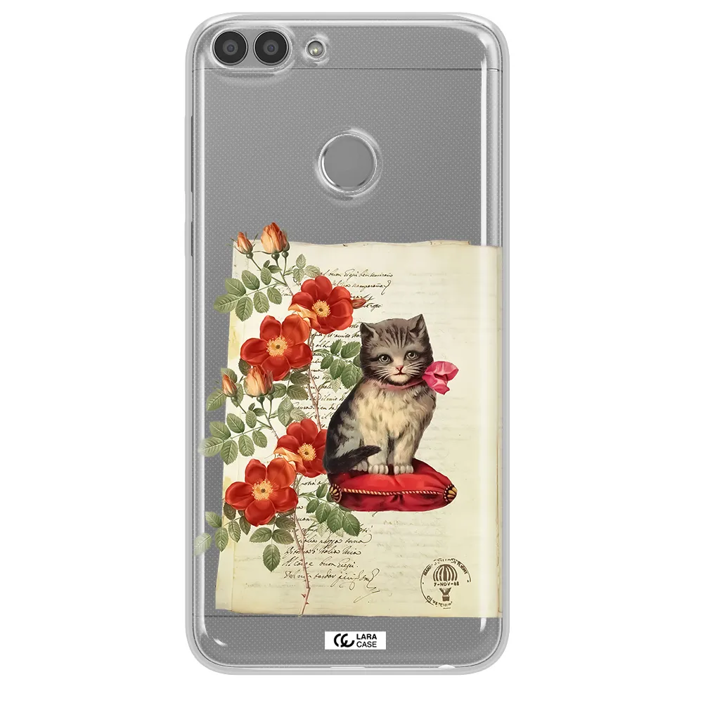 a cat on a pillow with flowers Huawei P Smart Clear TPU Case