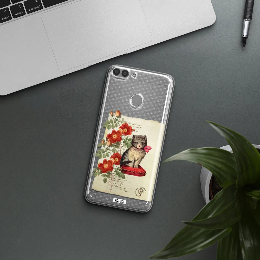a cat on a pillow with flowers Huawei P Smart Clear TPU Case