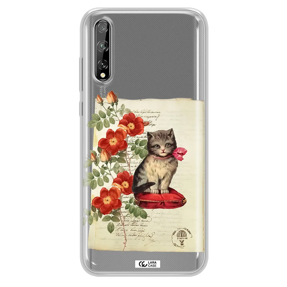 a cat on a pillow with flowers Huawei P Smart S Clear TPU Case