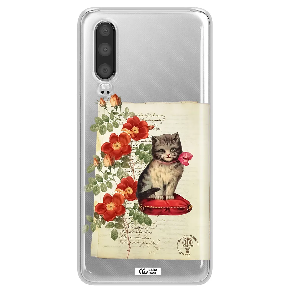a cat on a pillow with flowers Huawei P30 Clear TPU Case
