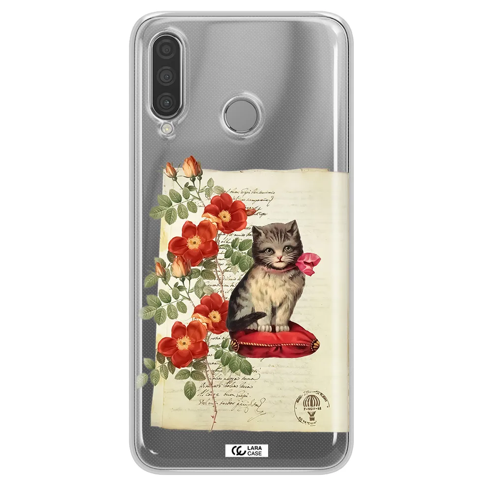 a cat on a pillow with flowers Huawei P30 Lite Clear TPU Case
