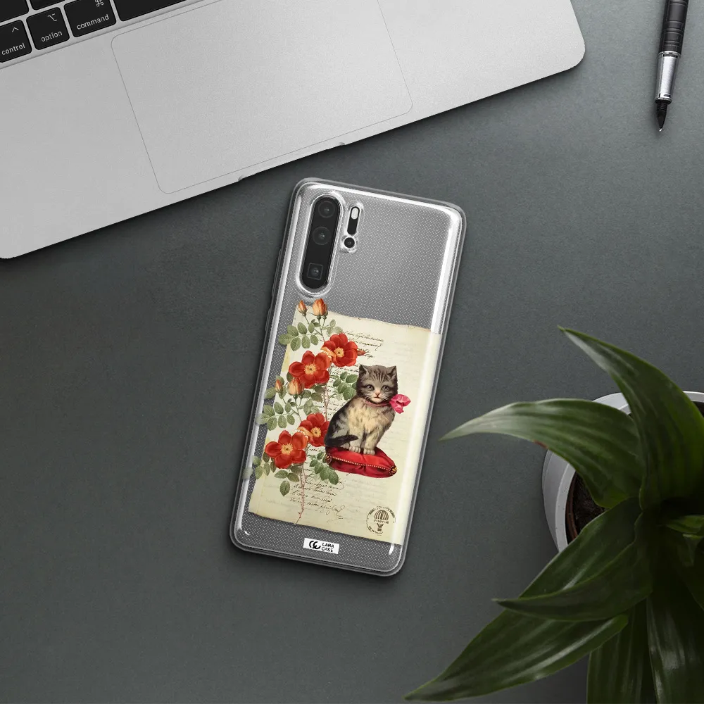 a cat on a pillow with flowers Huawei P30 Pro Clear TPU Case