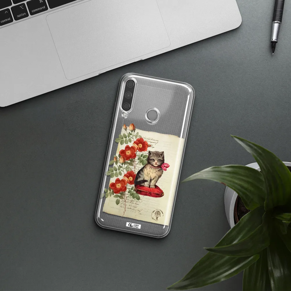 a cat on a pillow with flowers Huawei P40 Lite E Clear TPU Case