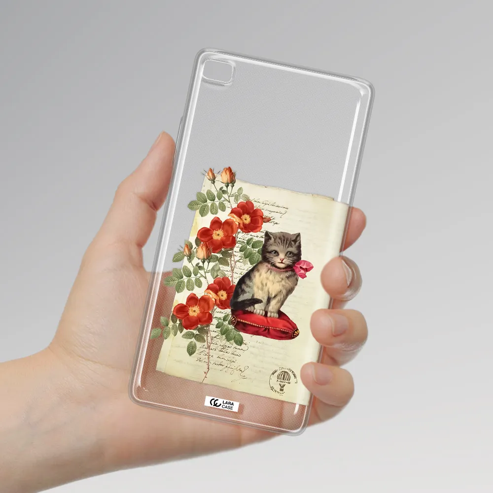 a cat on a pillow with flowers Huawei P8 Clear TPU Case