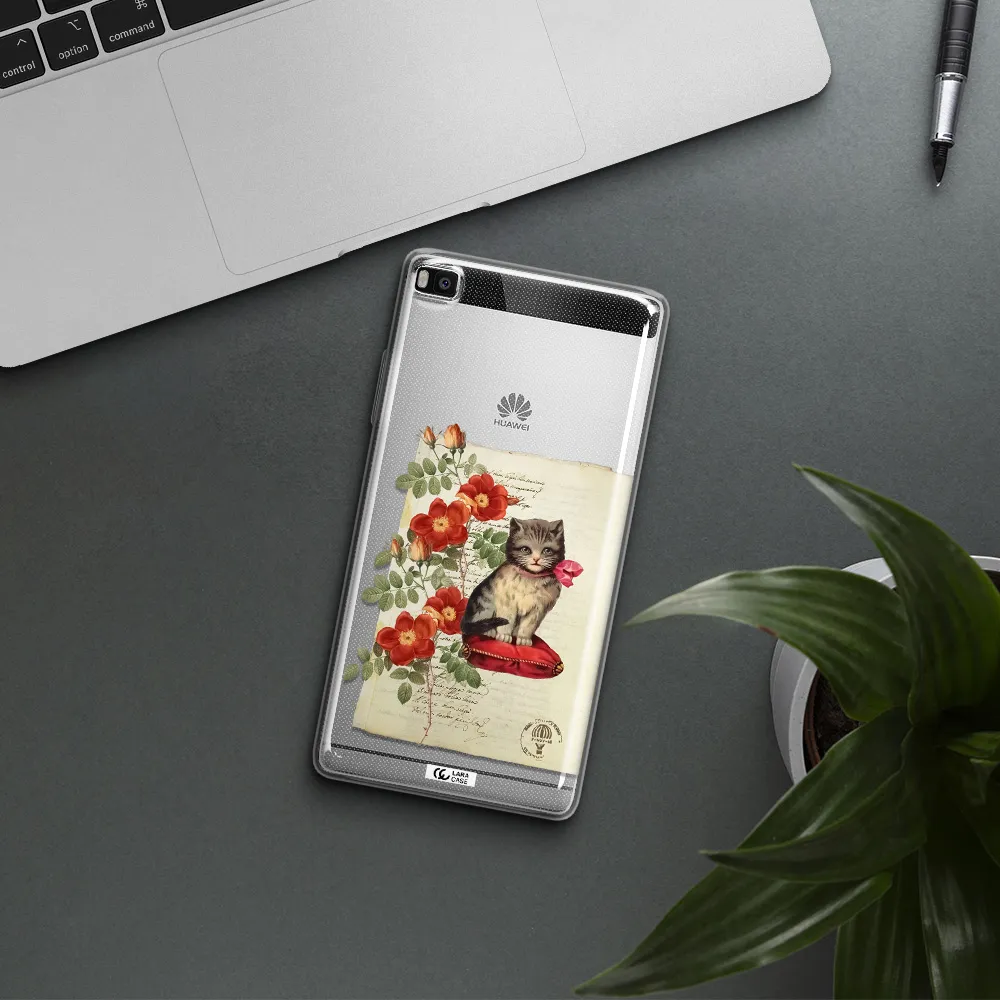 a cat on a pillow with flowers Huawei P8 Clear TPU Case