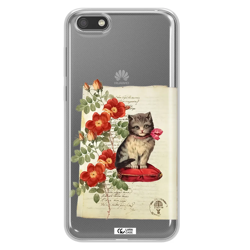 a cat on a pillow with flowers Huawei Y5 2018 Clear TPU Case