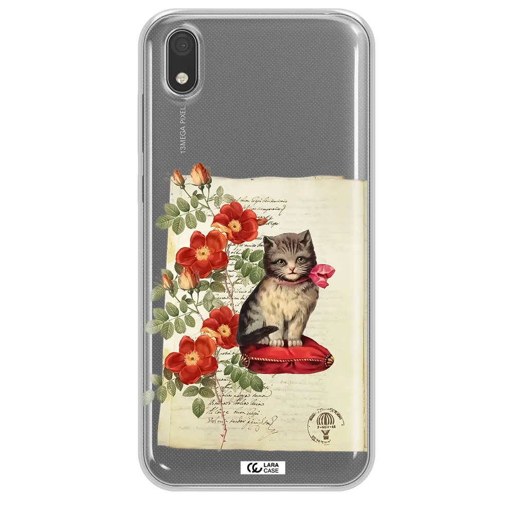a cat on a pillow with flowers Huawei Y5 2019 Clear TPU Case