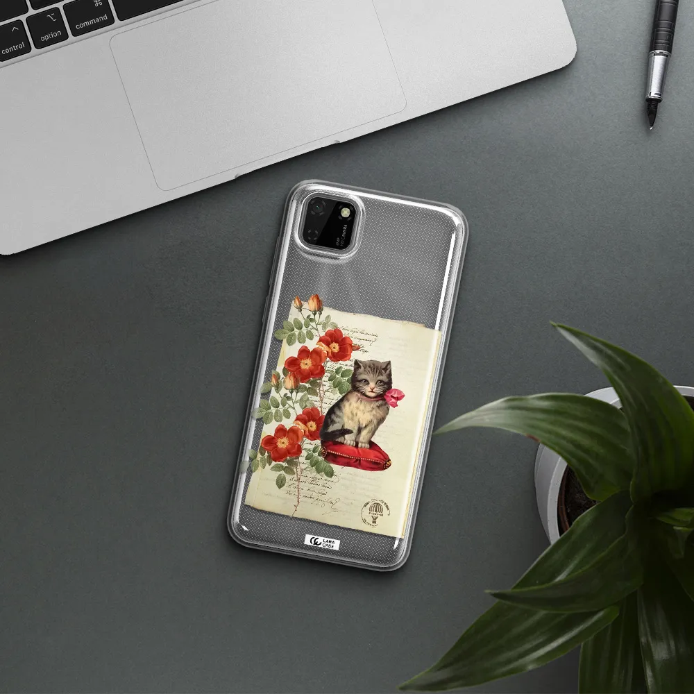 a cat on a pillow with flowers Huawei Y5P Clear TPU Case