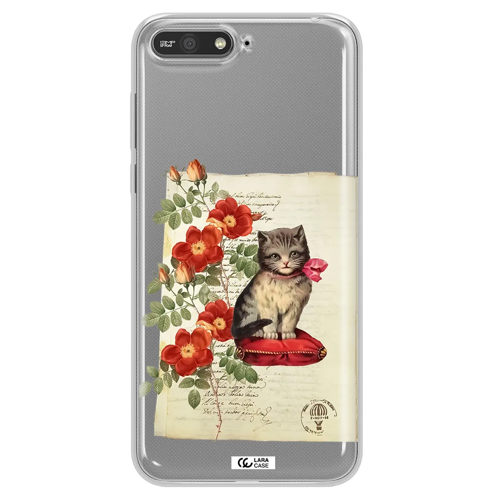 a cat on a pillow with flowers Huawei Y6 2018 Clear TPU Case