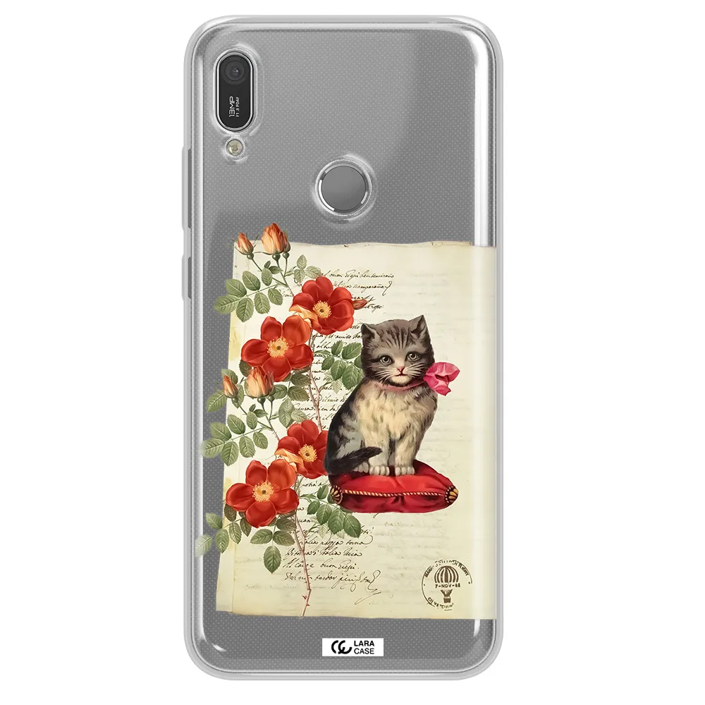 a cat on a pillow with flowers Huawei Y6 2019 Clear TPU Case