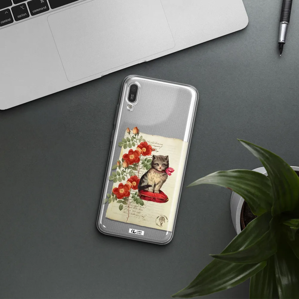a cat on a pillow with flowers Huawei Y6 Pro 2019 Clear TPU Case
